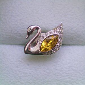 Designer SWAROVSKI Yellow Clear Crystal Silver Tone Swan Pin Brooch Tie Tack